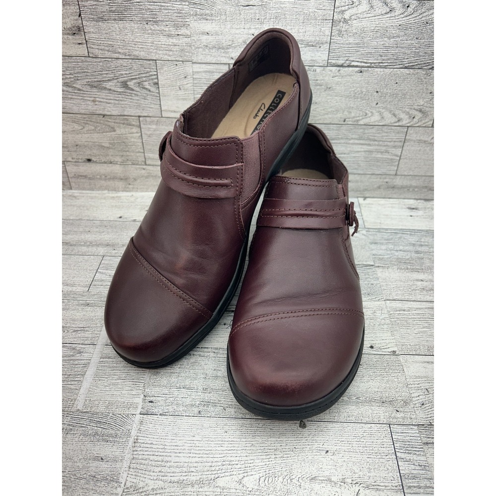 Clarks Collection Shoes Womens Size 11 Burgundy Leather Slip On Cushion Comfort